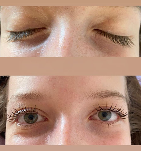 Wimpernlifting Ergebnis einer Kundin, vorher/nachher